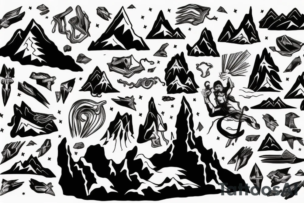 man with lightning in hand on the top of the mountain tattoo idea