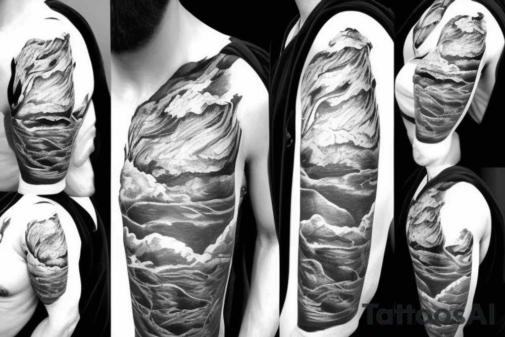 man with lightning in hand on the top of the mountain tattoo idea