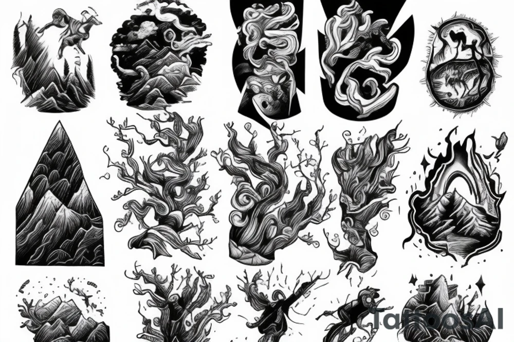 man with lightning in hand on the top of the mountain tattoo idea