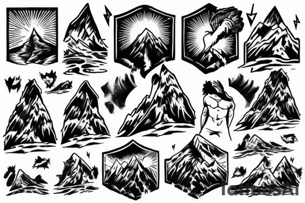 man with lightning in hand on the top of the mountain tattoo idea