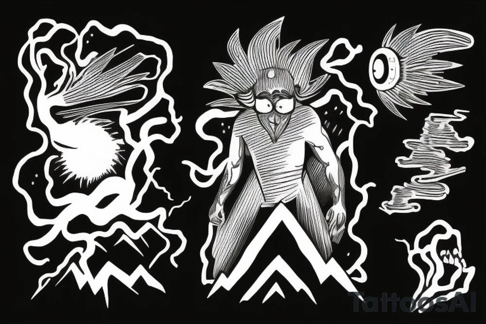 man with lightning in hand on the top of the mountain tattoo idea