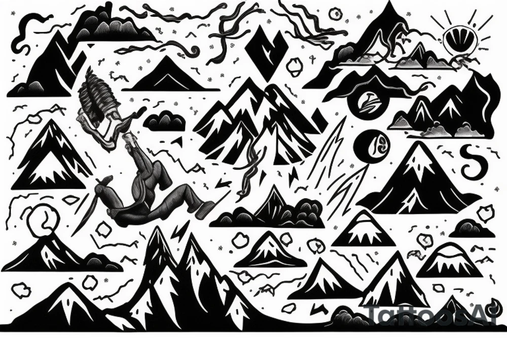 man with lightning in hand on the top of the mountain tattoo idea