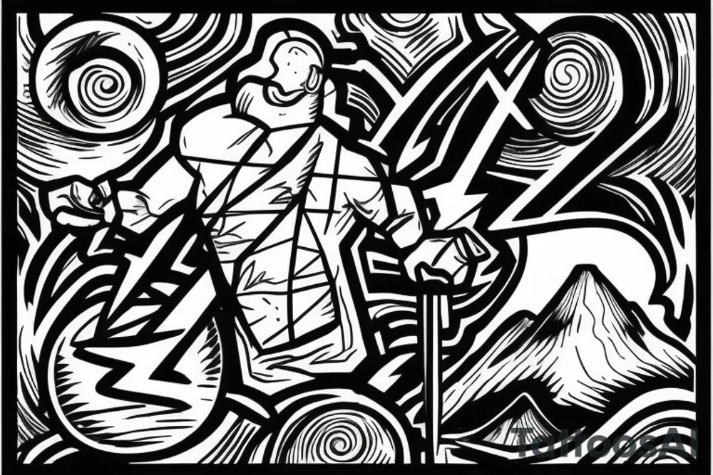 man with lightning in hand on the top of the mountain tattoo idea