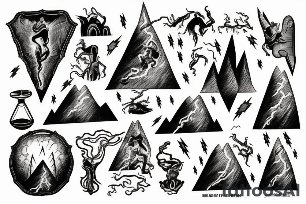 man with lightning in hand on the top of the mountain tattoo idea