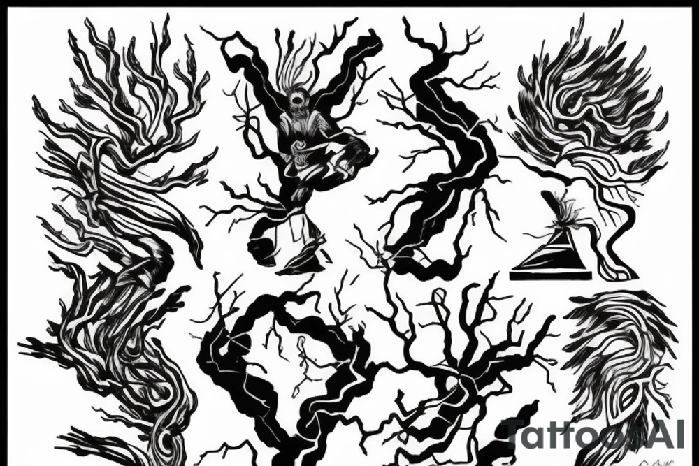 man with lightning in hand on the top of the mountain tattoo idea