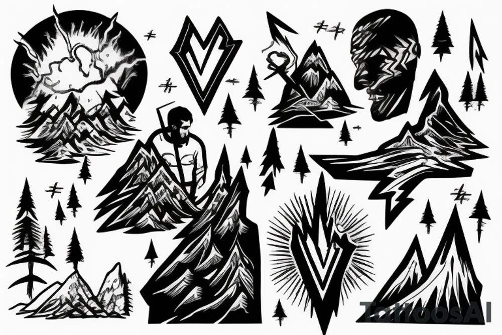 man with lightning in hand on the top of the mountain tattoo idea