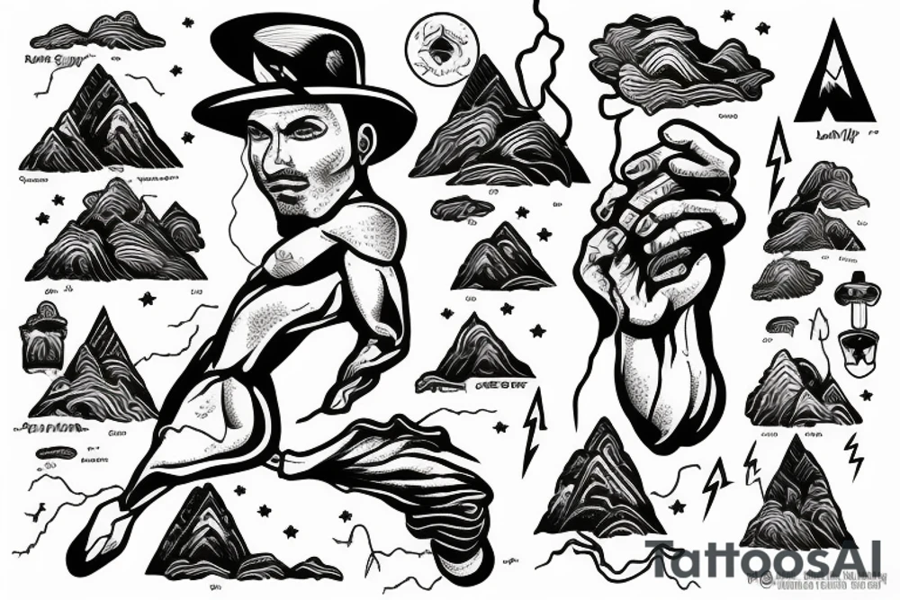 man with lightning in hand on the top of the mountain tattoo idea