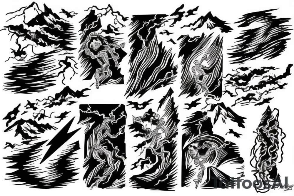 man with lightning in hand on the top of the mountain tattoo idea