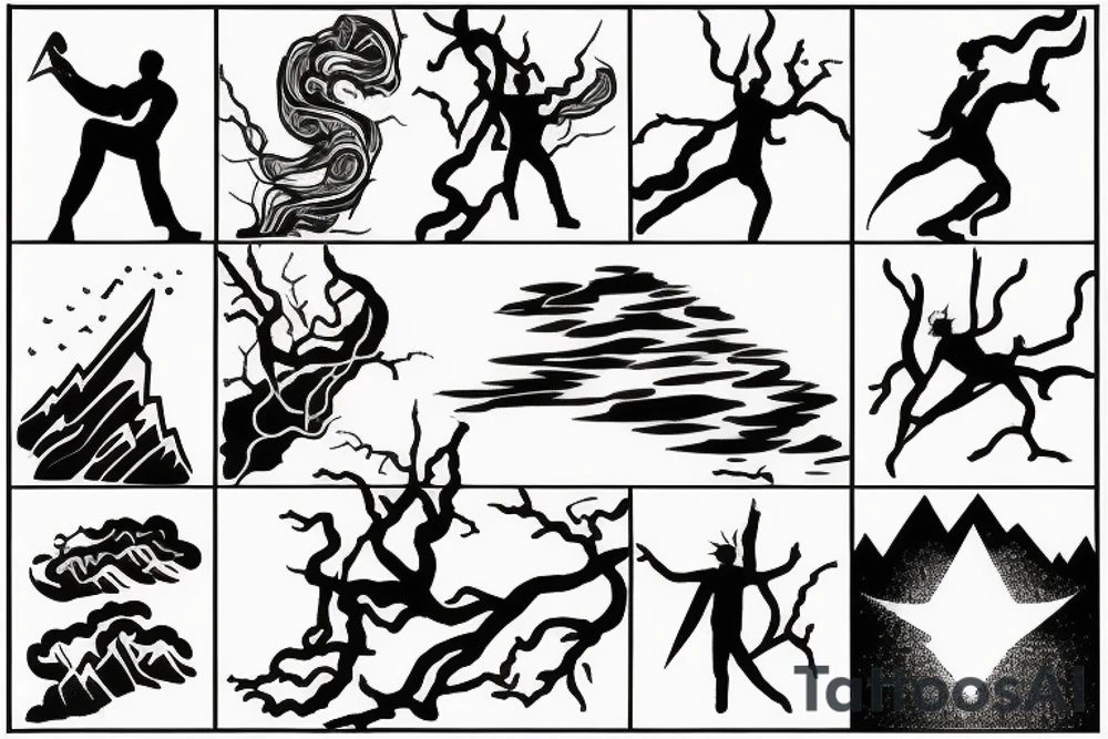 man with lightning in hand on the top of the mountain tattoo idea