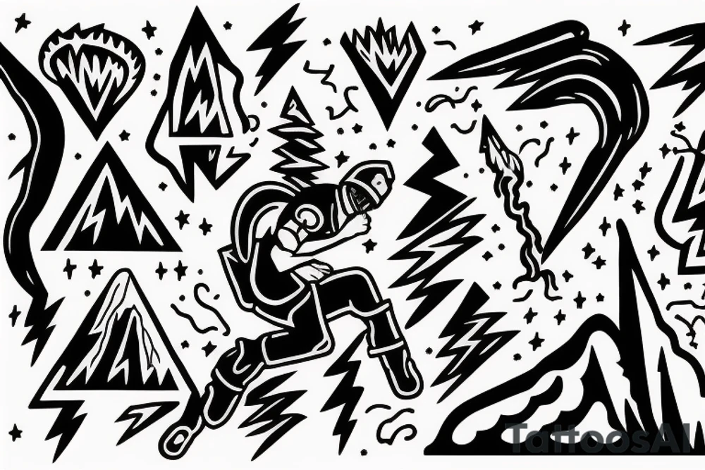 man with lightning in hand on the top of the mountain tattoo idea