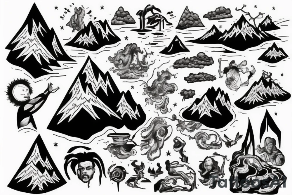 man with lightning in hand on the top of the mountain tattoo idea