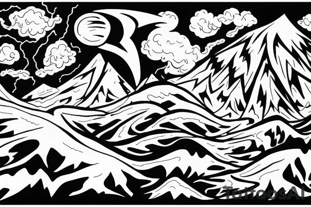man with lightning in hand on the top of the mountain tattoo idea