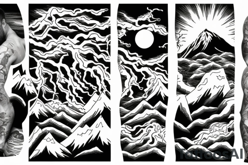man with lightning in hand on the top of the mountain tattoo idea