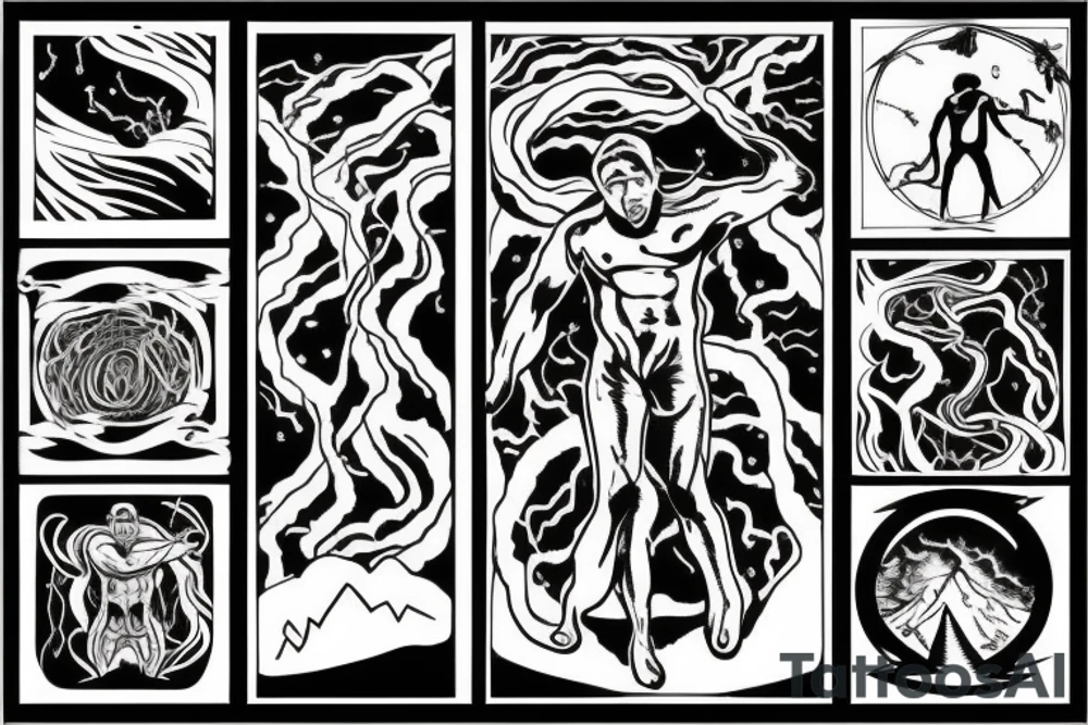 man with lightning in hand on the top of the mountain tattoo idea