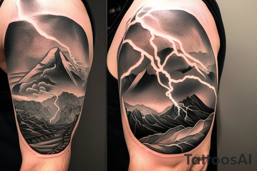 man with lightning in hand on the top of the mountain tattoo idea