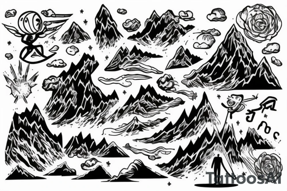 man with lightning in hand on the top of the mountain tattoo idea