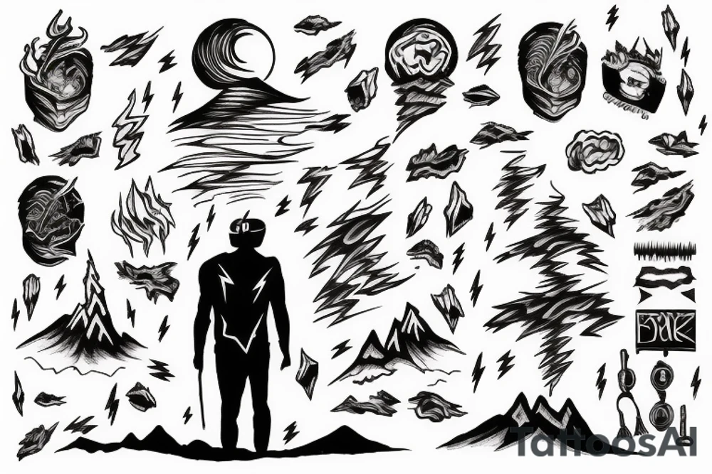 man with lightning in hand on the top of the mountain tattoo idea