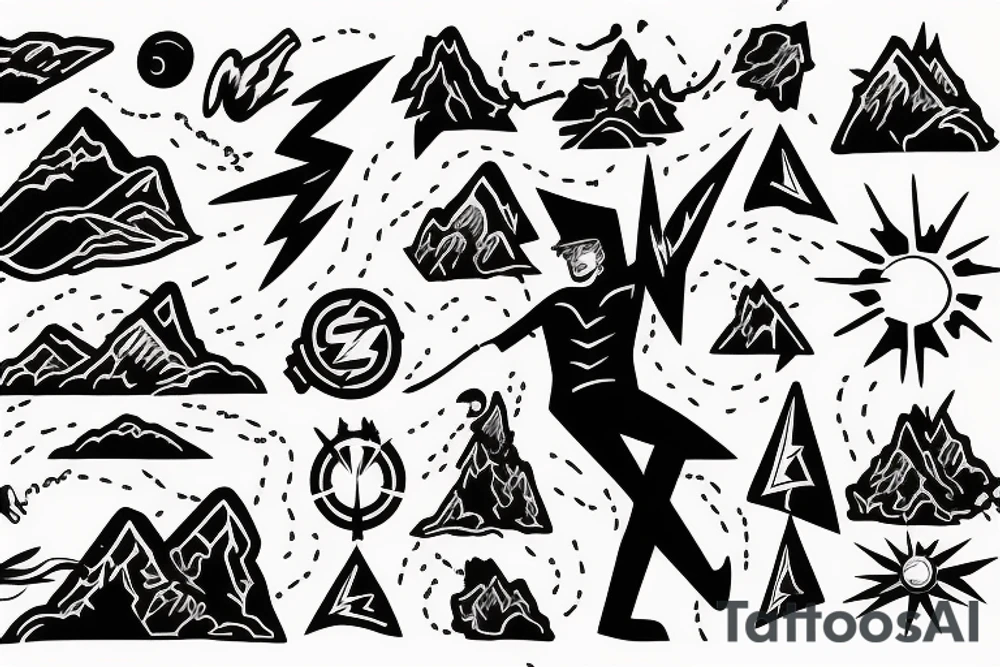 man with lightning in hand on the top of the mountain tattoo idea
