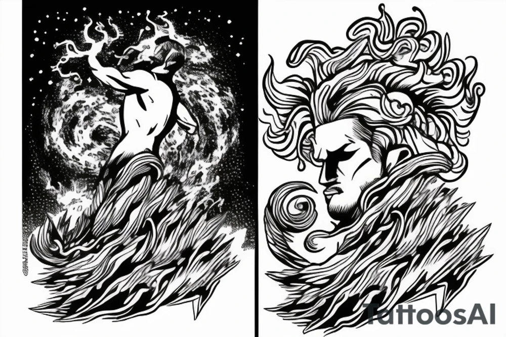 man with lightning in hand on the top of the mountain tattoo idea