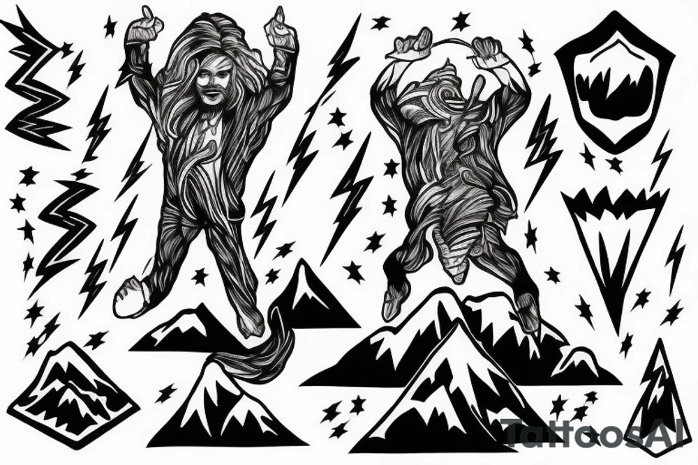 man with lightning in hand on the top of the mountain tattoo idea