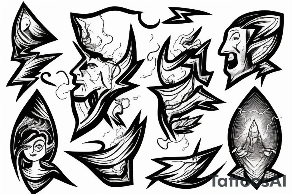 man with lightning in hand on the top of the mountain tattoo idea