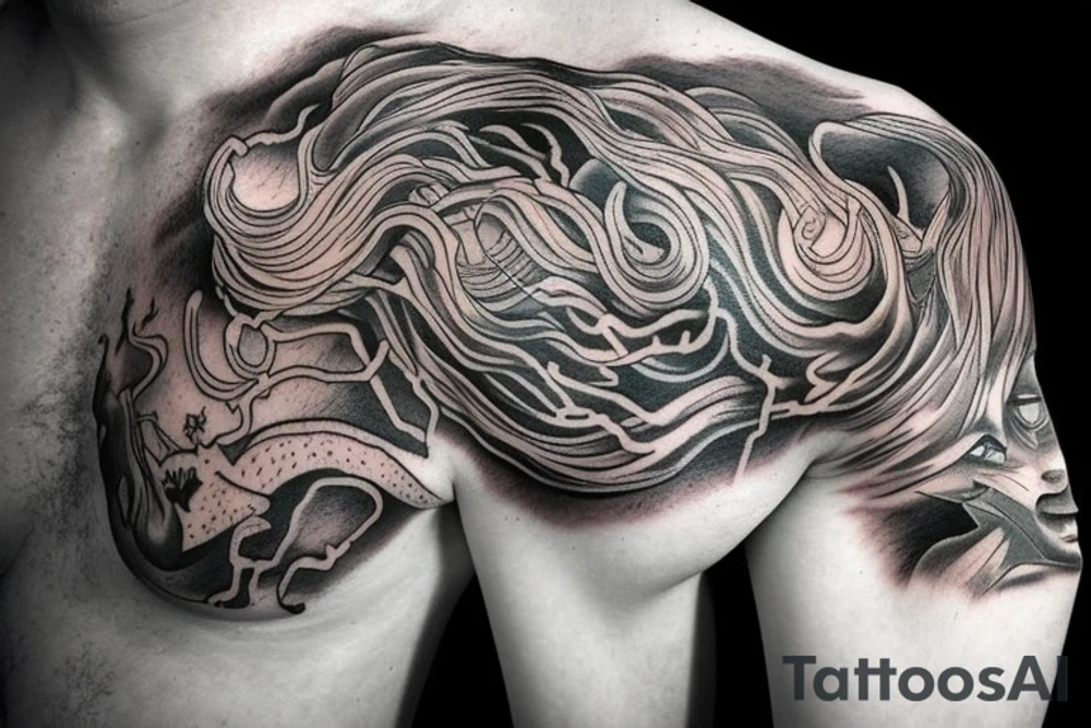 man with lightning in hand on the top of the mountain tattoo idea