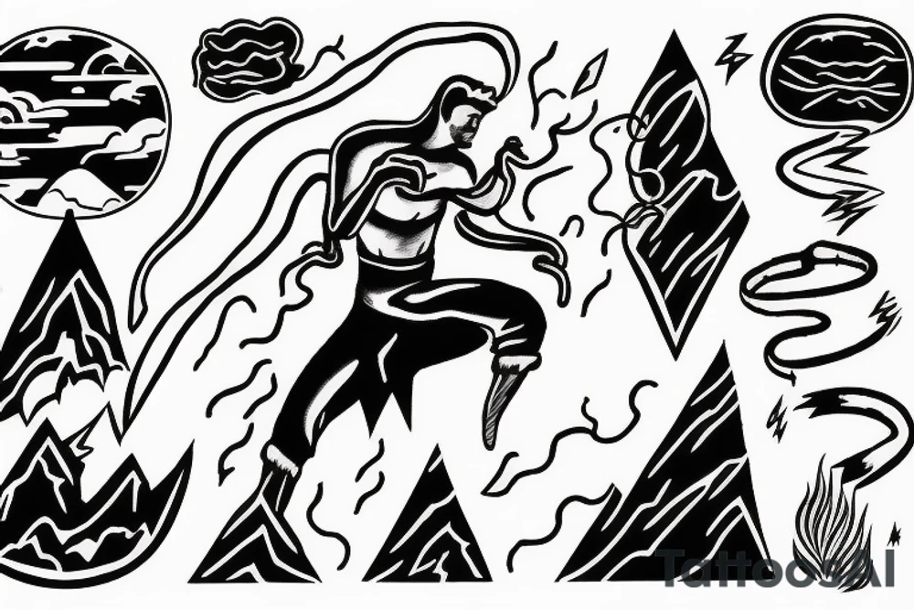 man with lightning in hand on the top of the mountain tattoo idea