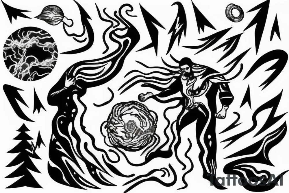 man with lightning in hand on the top of the mountain tattoo idea