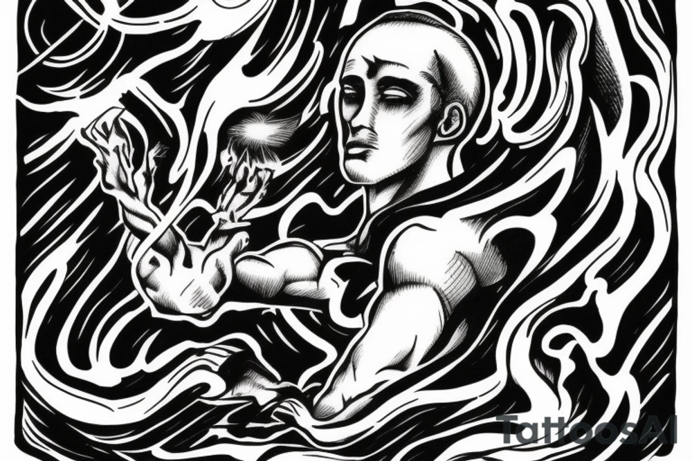 man with lightning in hand on the top of the mountain tattoo idea