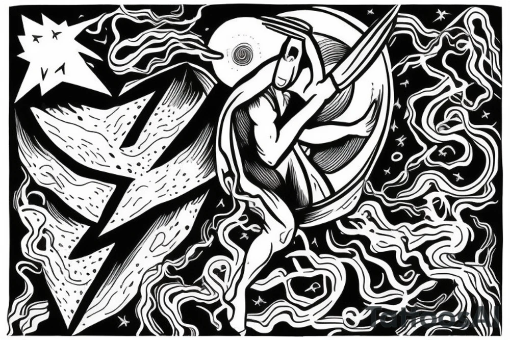 man with lightning in hand on the top of the mountain tattoo idea