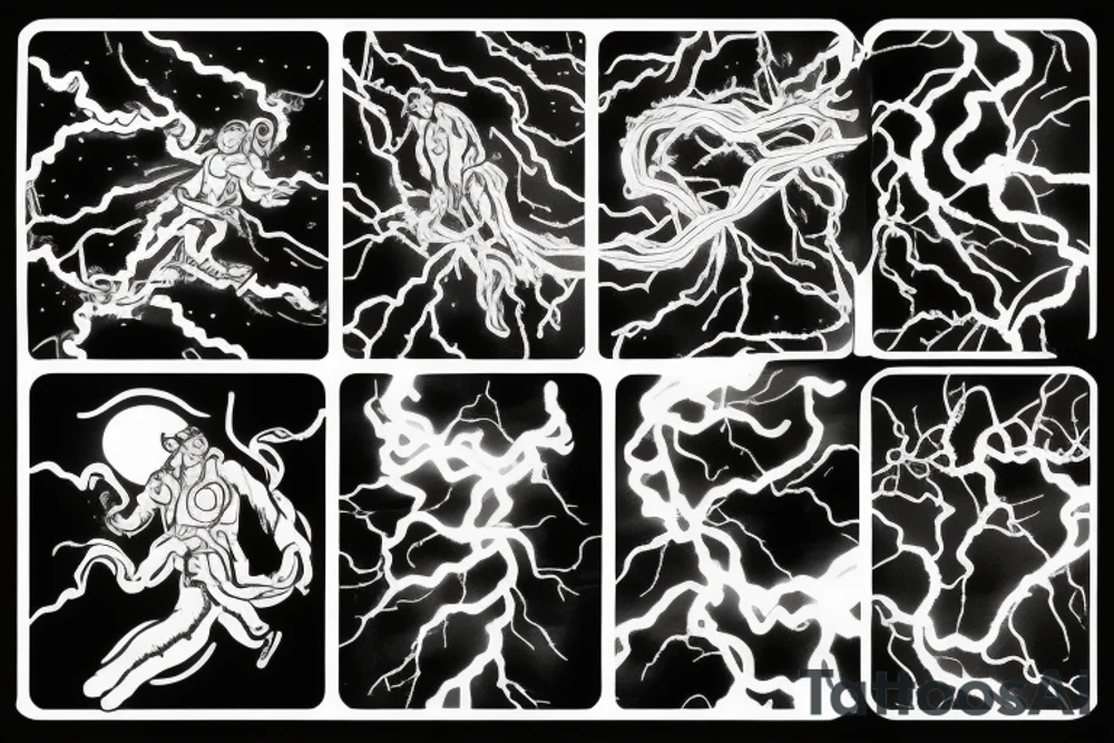 man with lightning in hand on the top of the mountain tattoo idea