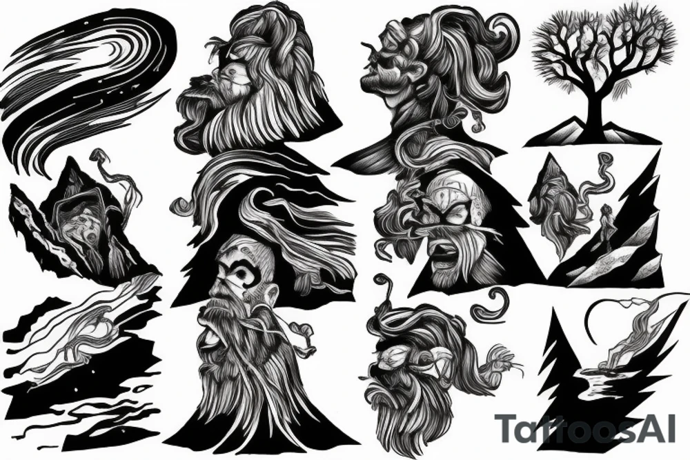 man with lightning in hand on the top of the mountain tattoo idea