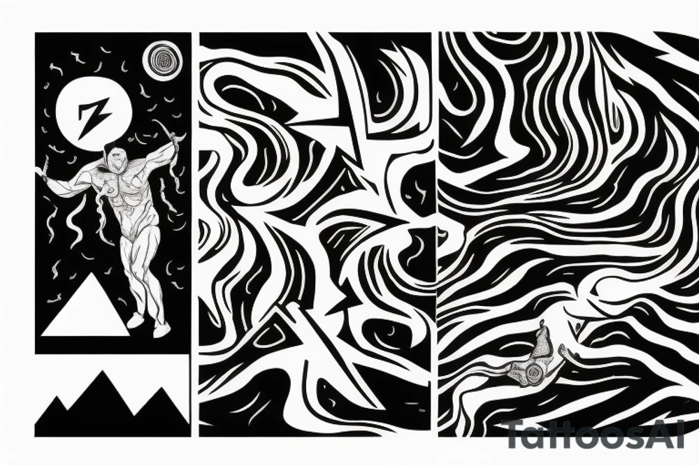 man with lightning in hand on the top of the mountain tattoo idea