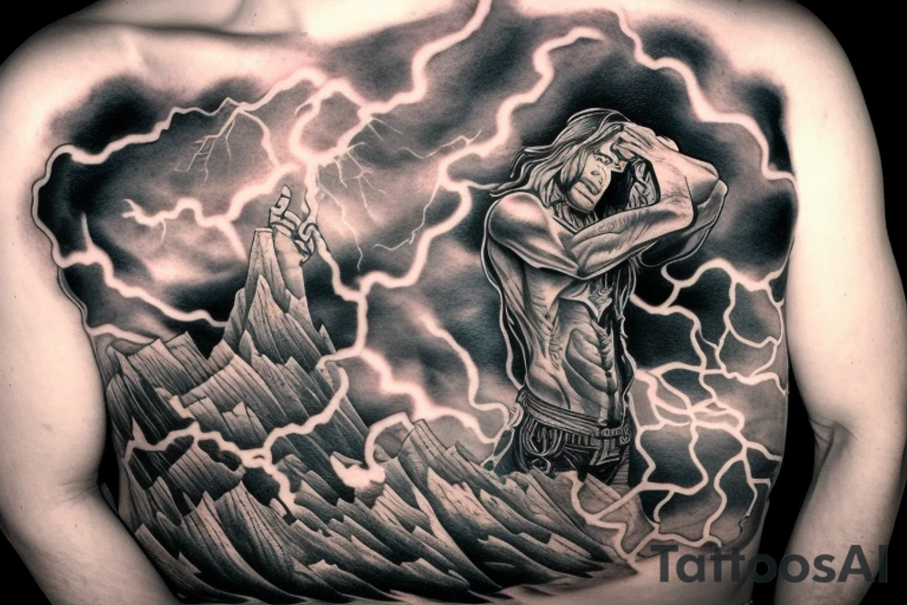 man with lightning in hand on the top of the mountain tattoo idea