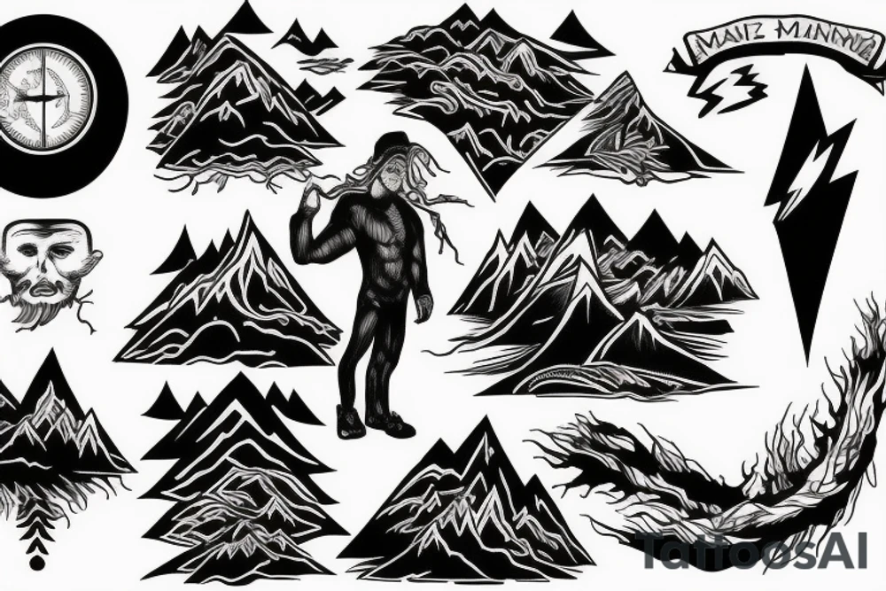 man with lightning in hand on the top of the mountain tattoo idea