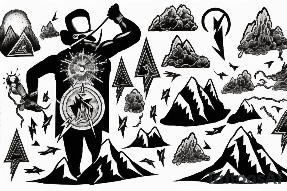 man with lightning in hand on the top of the mountain tattoo idea