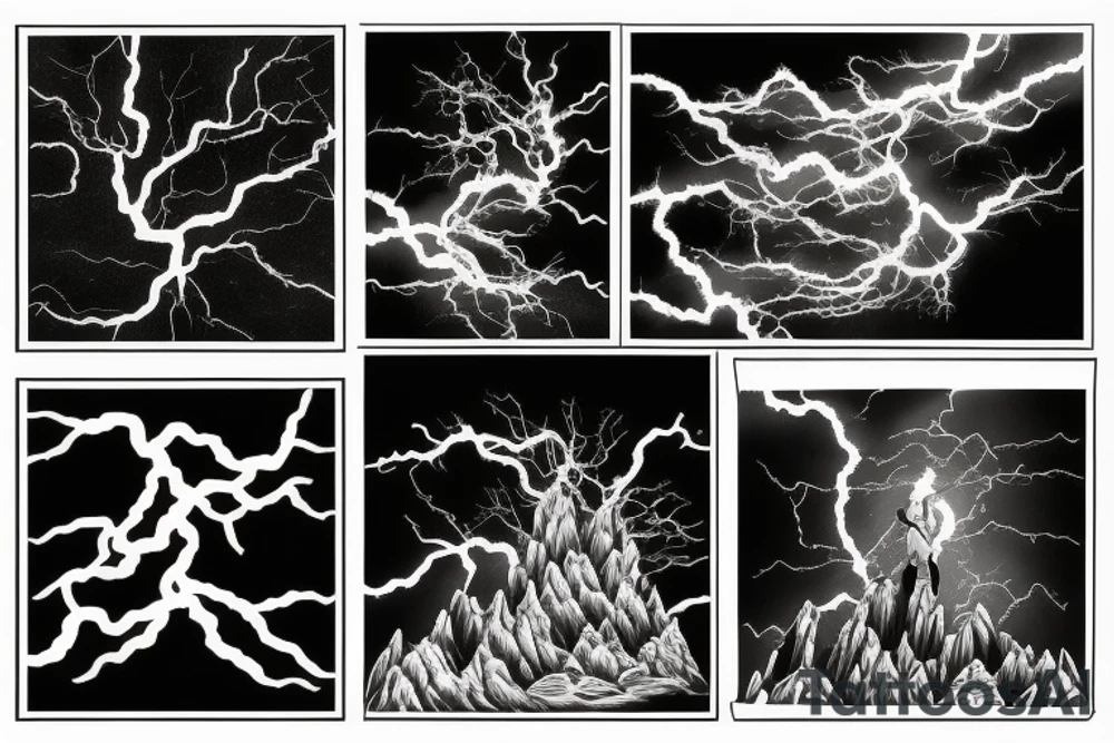 man with lightning in hand on the top of the mountain tattoo idea