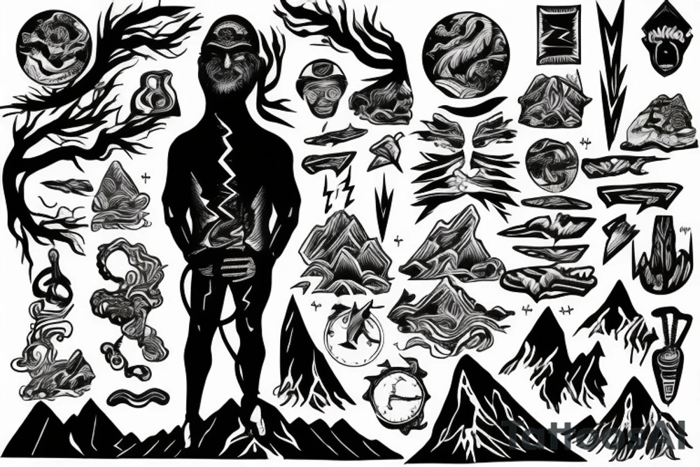 man with lightning in hand on the top of the mountain tattoo idea