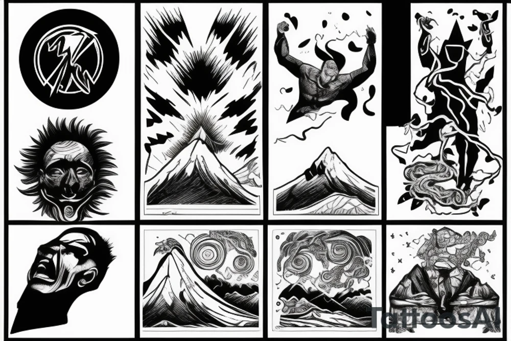 man with lightning in hand on the top of the mountain tattoo idea