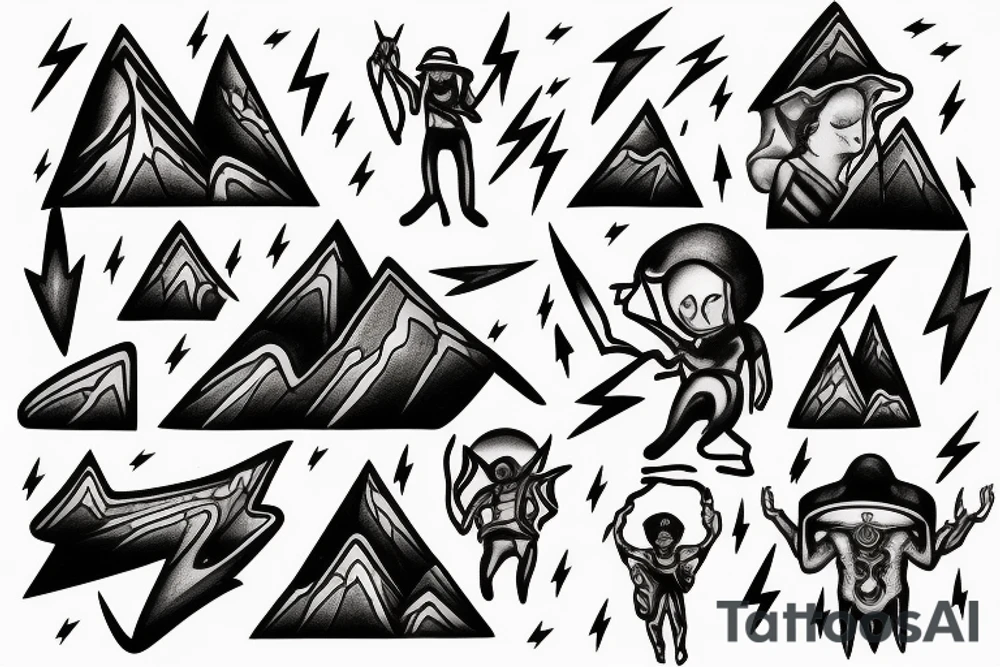 man with lightning in hand on the top of the mountain tattoo idea