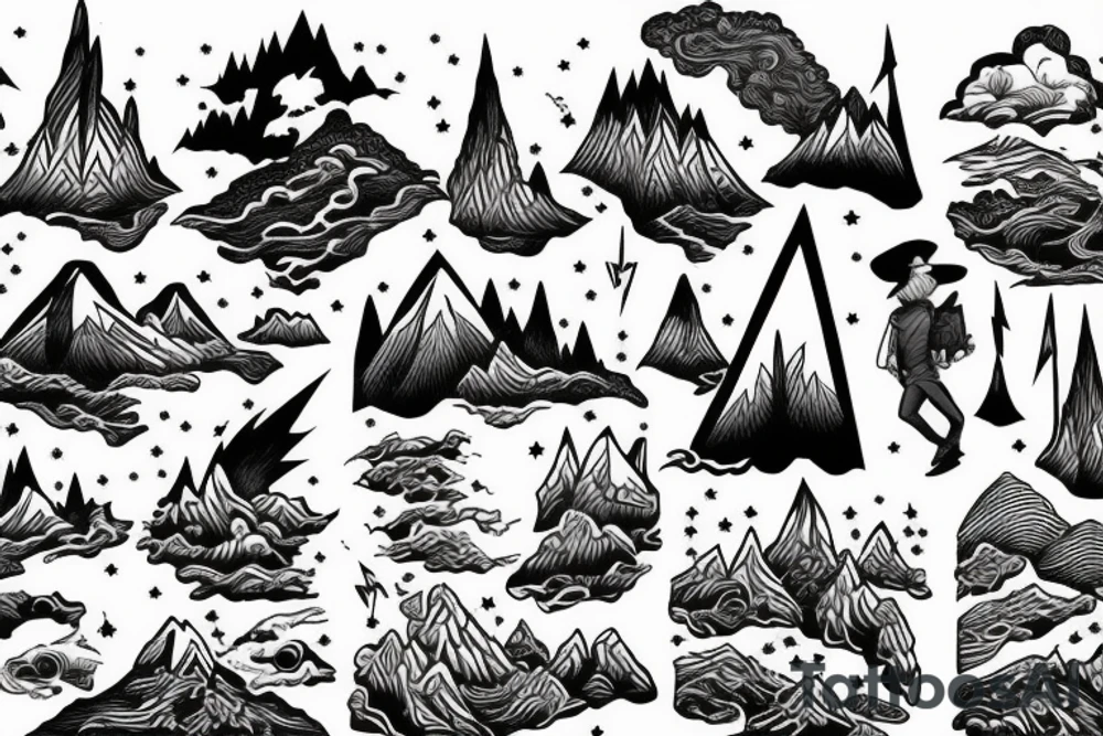 man with lightning in hand on the top of the mountain tattoo idea