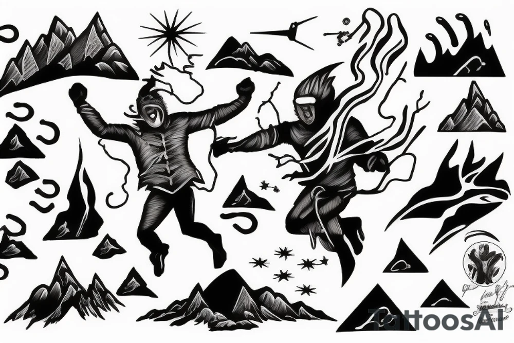man with lightning in hand on the top of the mountain tattoo idea