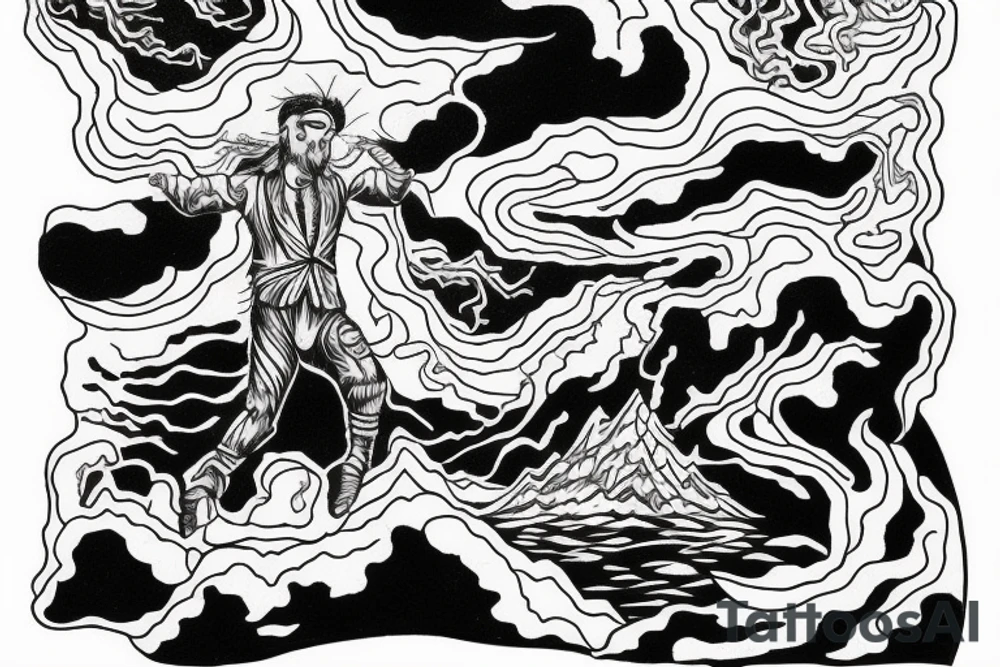 man with lightning in hand on the top of the mountain tattoo idea