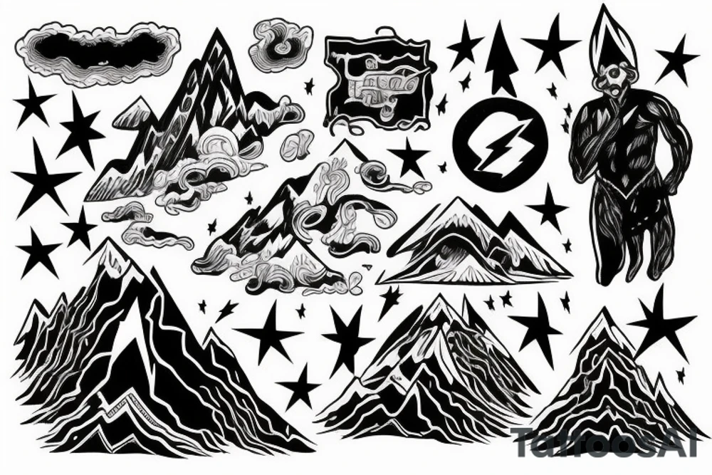 man with lightning in hand on the top of the mountain tattoo idea