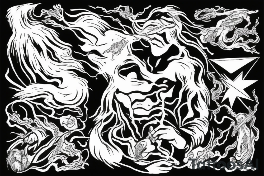 man with lightning in hand on the top of the mountain tattoo idea