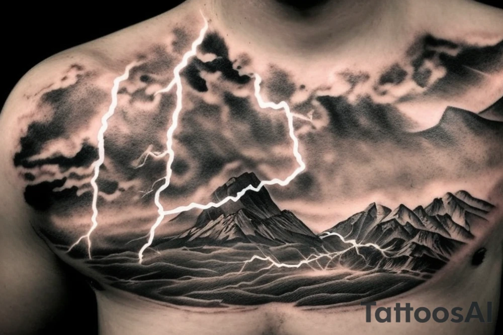 man with lightning in hand on the top of the mountain tattoo idea
