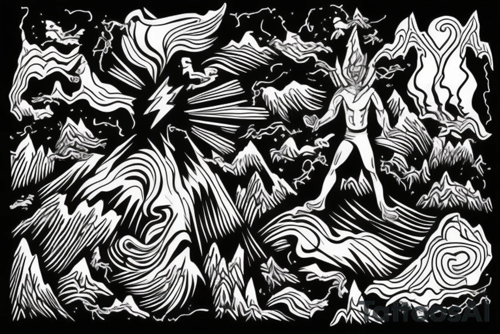man with lightning in hand on the top of the mountain tattoo idea