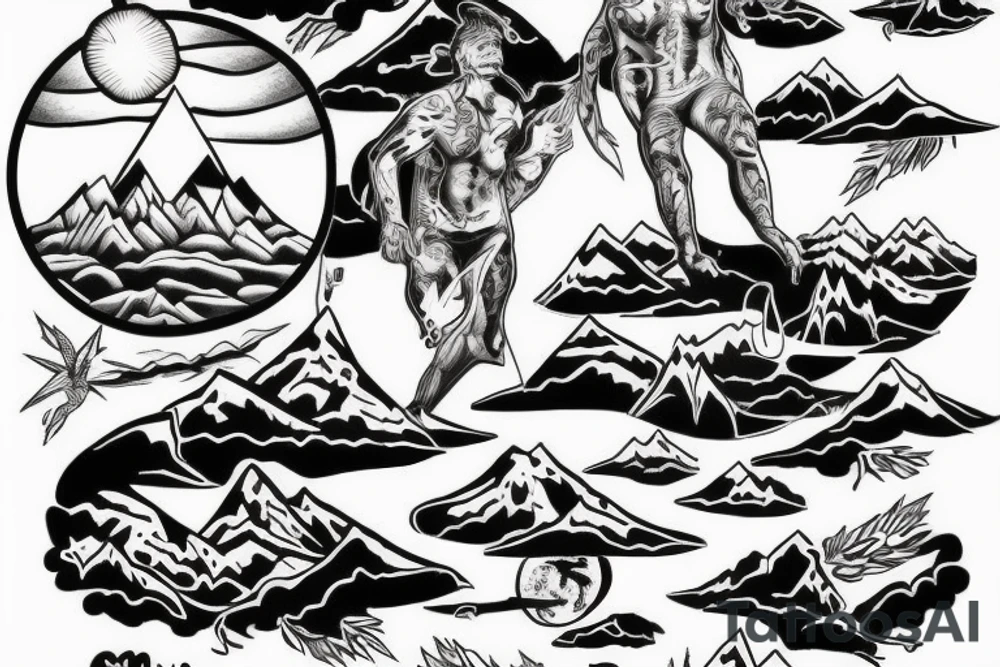 man with lightning in hand on the top of the mountain tattoo idea