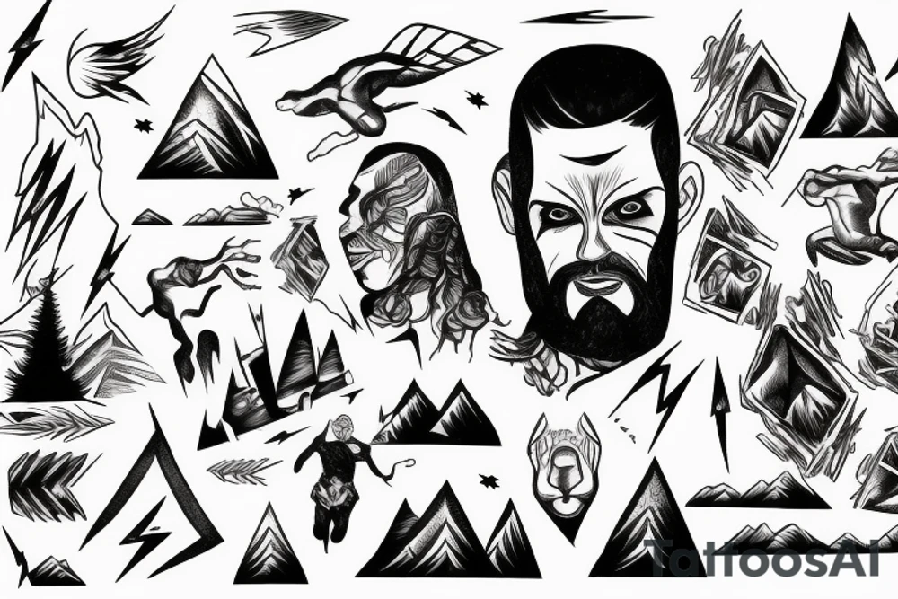 man with lightning in hand on the top of the mountain tattoo idea