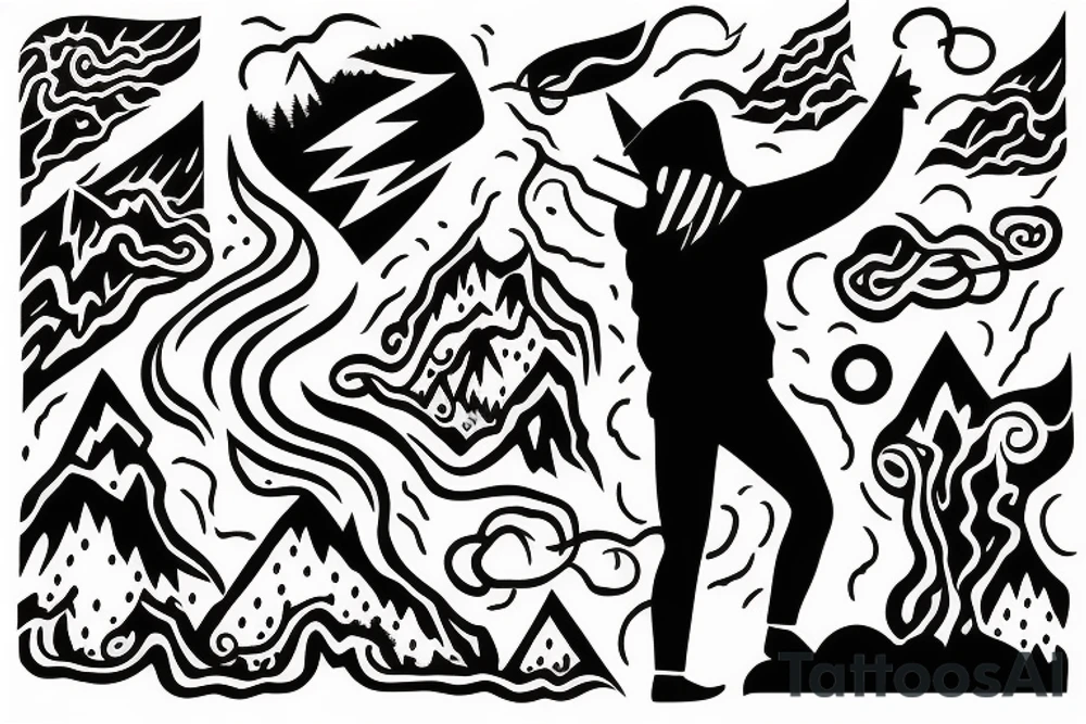 man with lightning in hand on the top of the mountain tattoo idea